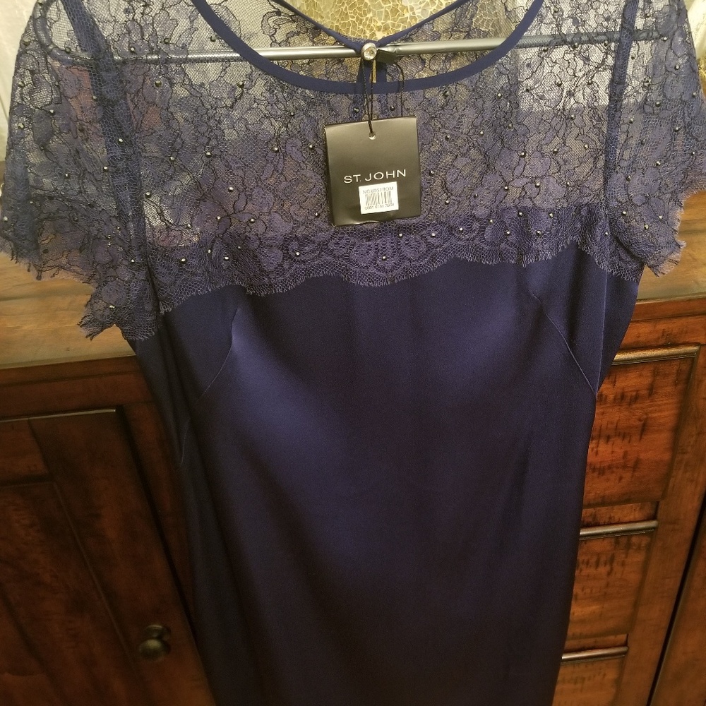 St.John African Vilet Lace&Satin Creep Shath Dress